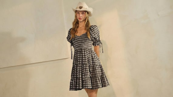 Women's Mini Dress Gingham Puff Sleeve Cotton Blend Coastal Cowgirl - Product Image
