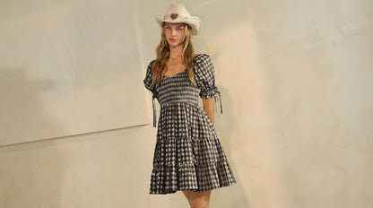 Women's Mini Dress Gingham Puff Sleeve Cotton Blend Coastal Cowgirl - Product Image