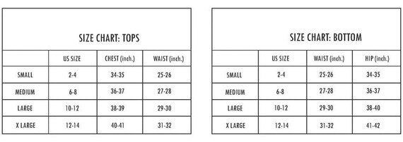 Coastal Cowgirl dress size chart showing US sizes Small-XLarge for Tops (chest, waist) and Bottoms (waist, hip) measurements.