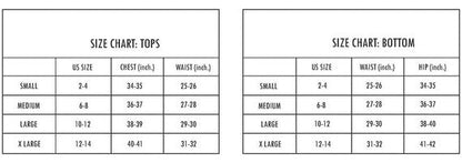 Coastal Cowgirl dress size chart showing US sizes Small-XLarge for Tops (chest, waist) and Bottoms (waist, hip) measurements.