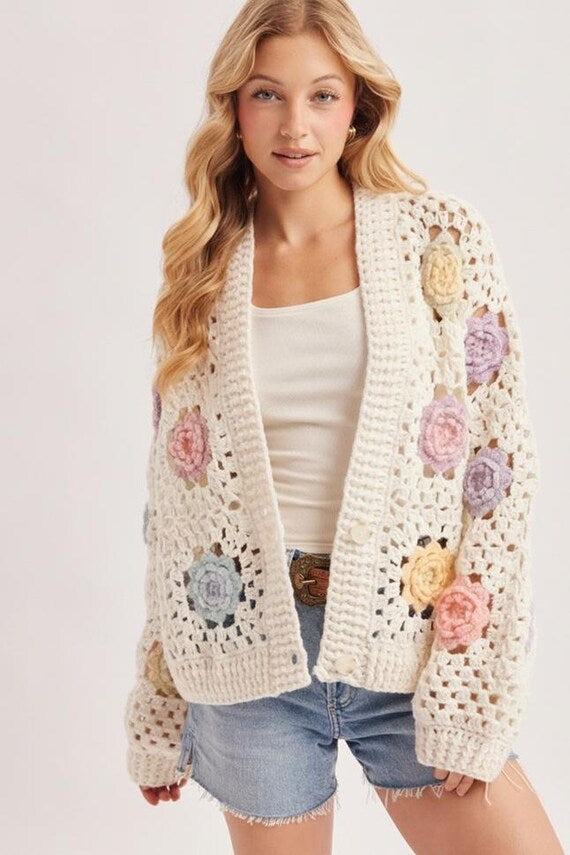 Front view of the flowing ivory open stitch crochet cardigan, ideal for a soft, feminine look