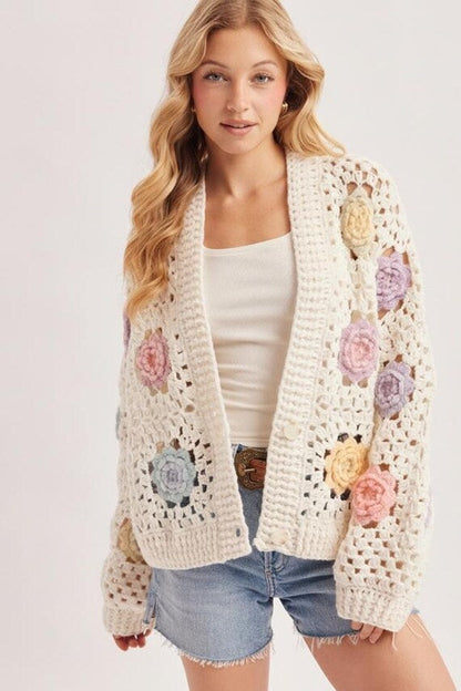 Front view of the flowing ivory open stitch crochet cardigan, ideal for a soft, feminine look