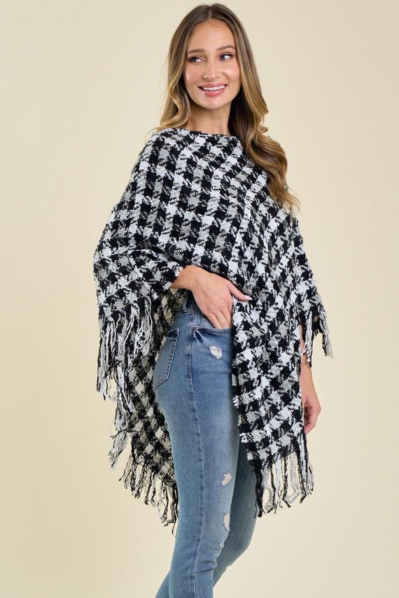 Women's Poncho Houndstooth Print Fringe Trim Acrylic Academia - Product Image
