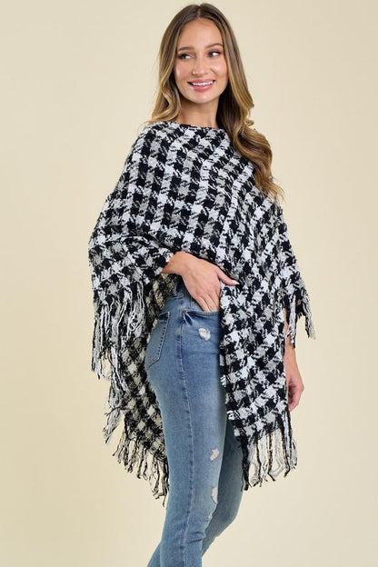 Women's Poncho Houndstooth Print Fringe Trim Acrylic Academia - Product Image