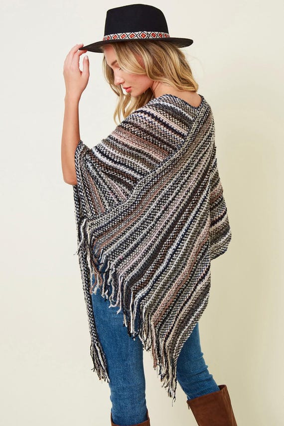 Women's Poncho Striped Fringe Acrylic Boho Casual - Product Image