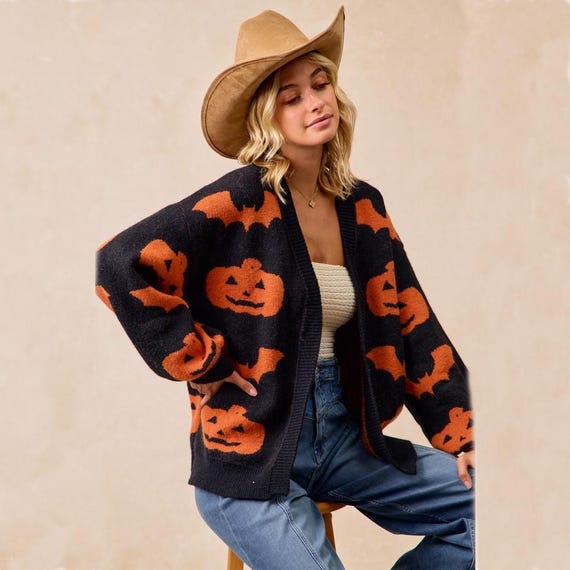 Whimsigoth Pumpkin Bat Cardigan | Cozy Halloween Sweater – Silk & Lace