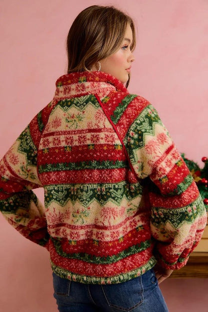 Back view of a women's plush cottagecore Fair Isle sherpa pullover in festive red, green, and cream.