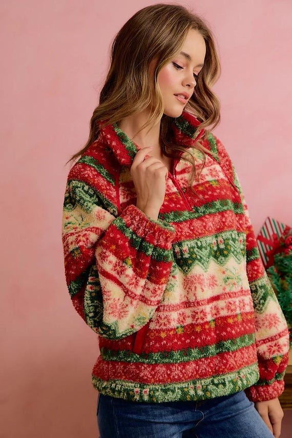 Back view of oversized Fair Isle printed sherpa fleece sweater showing festive holiday pattern.