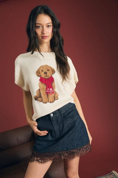 Woman wearing the cozy cotton puppy graphic preppy sweater for autumn