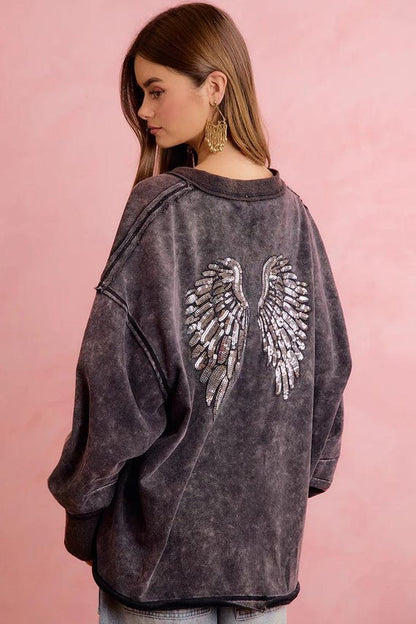 Women's mineral wash sequin angel wing sweatshirt, front view