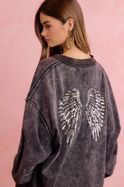 Close-up texture of mineral wash charcoal sweatshirt fabric