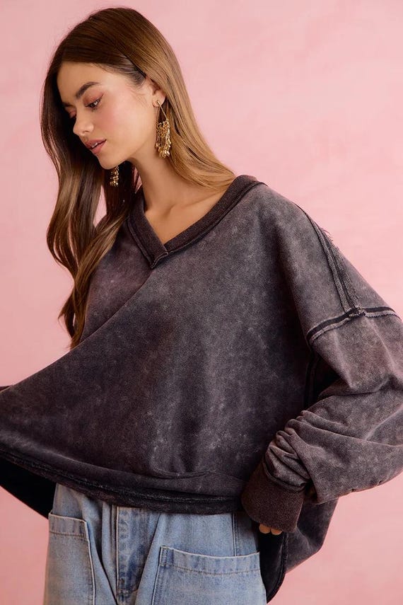 Women's vintage wash terry cloth sweatshirt with distressed feel