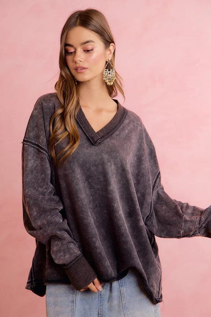 Front of boho grunge top featuring mineral wash finish and relaxed fit