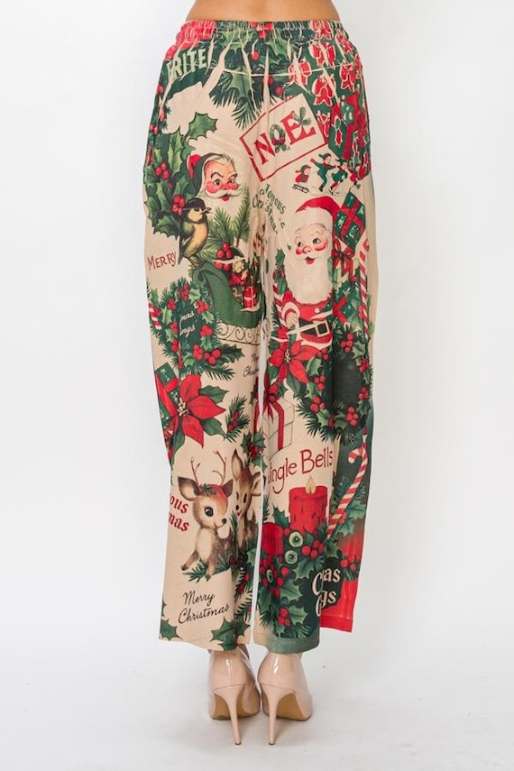 Back view of festive wide leg trousers with elastic drawstring waist