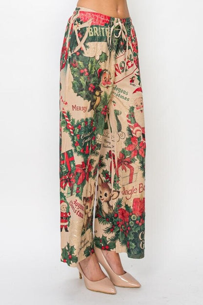 Woman wearing casual holiday wide leg pants, styled for a festive occasion with a cozy look