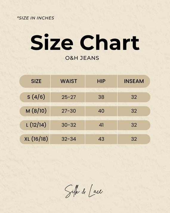 O&H Jeans size chart for Women's Wide Leg Cotton Denim Pants, showing waist, hip, and inseam measurements in inches.
