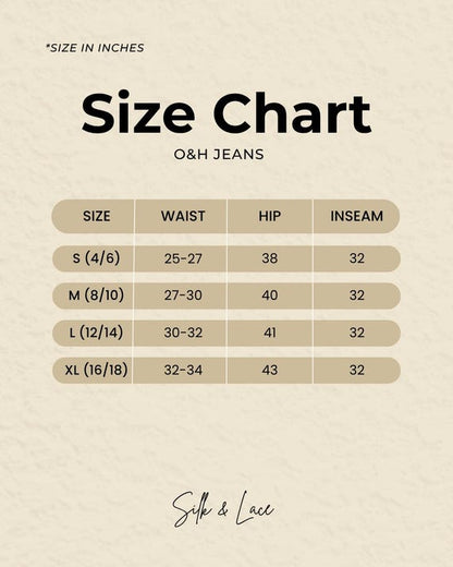 O&H Jeans size chart for Women's Wide Leg Cotton Denim Pants, showing waist, hip, and inseam measurements in inches.